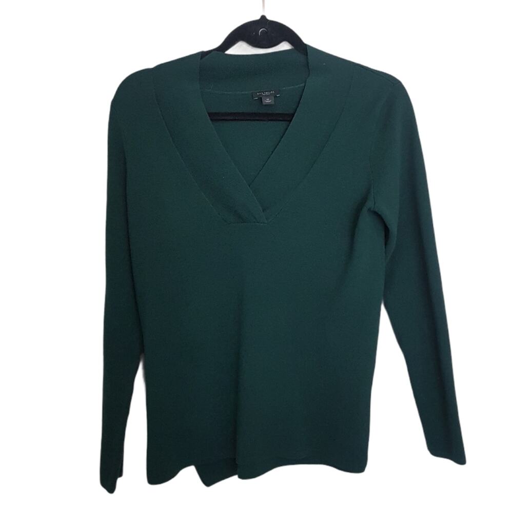 Ann Taylor Factory V Neck Christmas Green Sweater 100% Cotton Long Sleeve